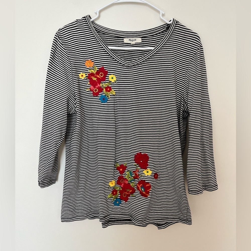 Madewell Embroidered floral top striped black and white - Picture 3 of 5